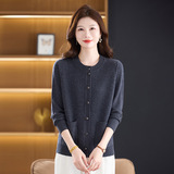 秋冬新款羊毛平板针织衫圆领休闲百搭口袋开衫纯色妈妈羊毛衫，女装针织衫/毛衣，妃慕昵服饰