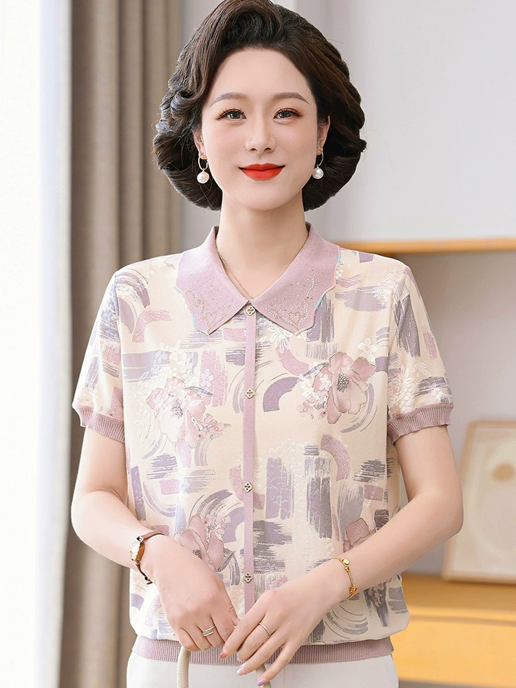 Новый стиль с короткими рукавами ледяной шелк топ Летняя мама средняя и пожилая рубашка футболка женская рубашка с отворотом летняя одежда