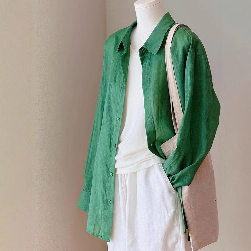 Beautiful circle ~ breathable silky! Only through will understand! Mori Green Linen Cotton Linen Shirt Top
