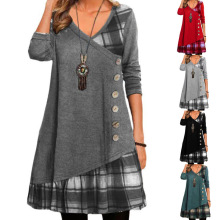 2025亚马欧美爆款秋冬跨境新款女装时尚休闲拼接纽扣长袖连衣裙