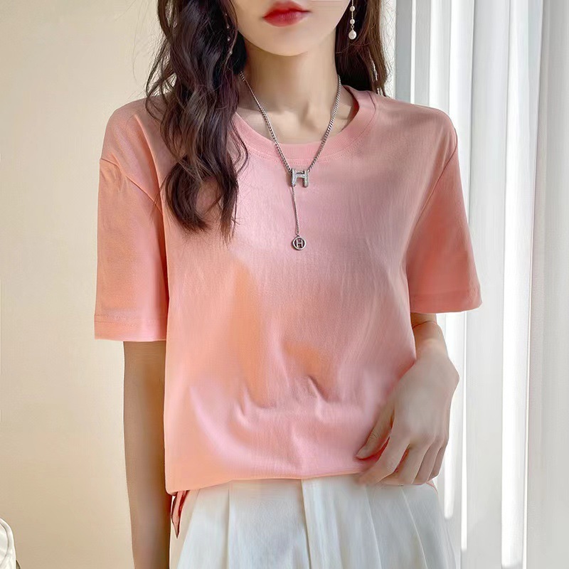 ヨーロッパ純綿 Tシャツレディース夏新疆長繊維綿半袖レディース Tシャツルーズカップルシャツ右肩ルーズラウンドネックホワイト Tシャツ|undefined