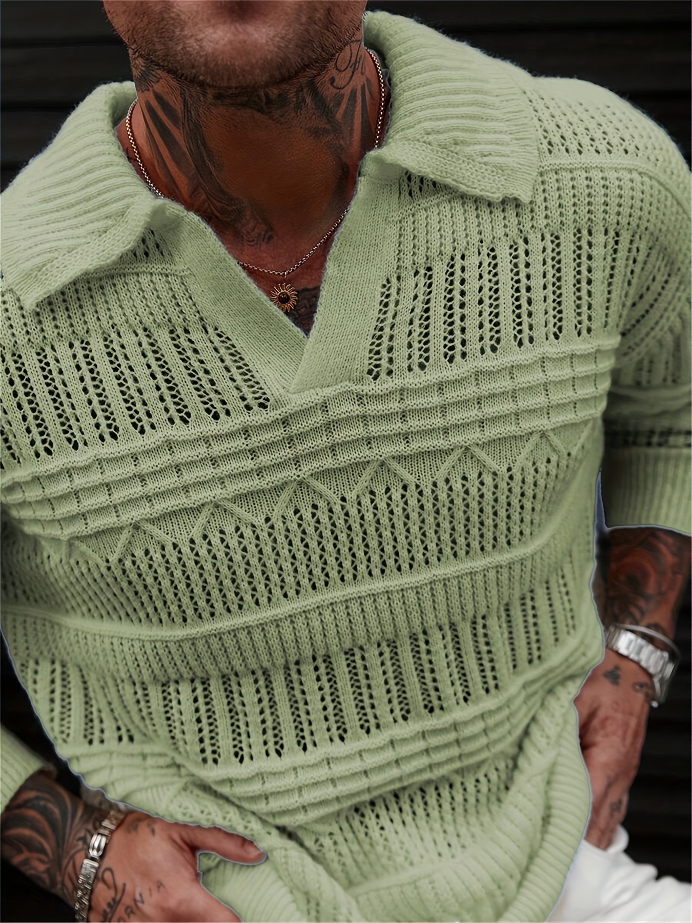 ​Men's Streetwear Hollow-Out Knit Shirt Fashion Loose Fit Short Sleeve Collared Pullover Polyester Breathable Summer Casual​_viptrois.com