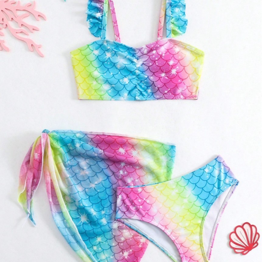 Meerjungfrauen-Badeanzug für Mädchen, zweiteilig, Baby-Bikini mit Trägern, dünnes Baumwoll-Polyester-Material, Sommerbademode für Kleinkinder und Kinder_voghion.com