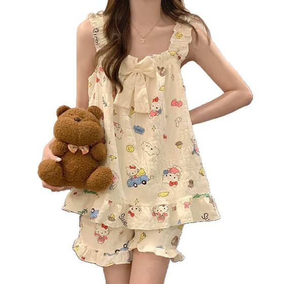 Women's Pajamas with Chest Pad Summer Clouds Cotton Sling Shorts Cute Cartoon Japanese Style Home Clothes suit Outer Wearing