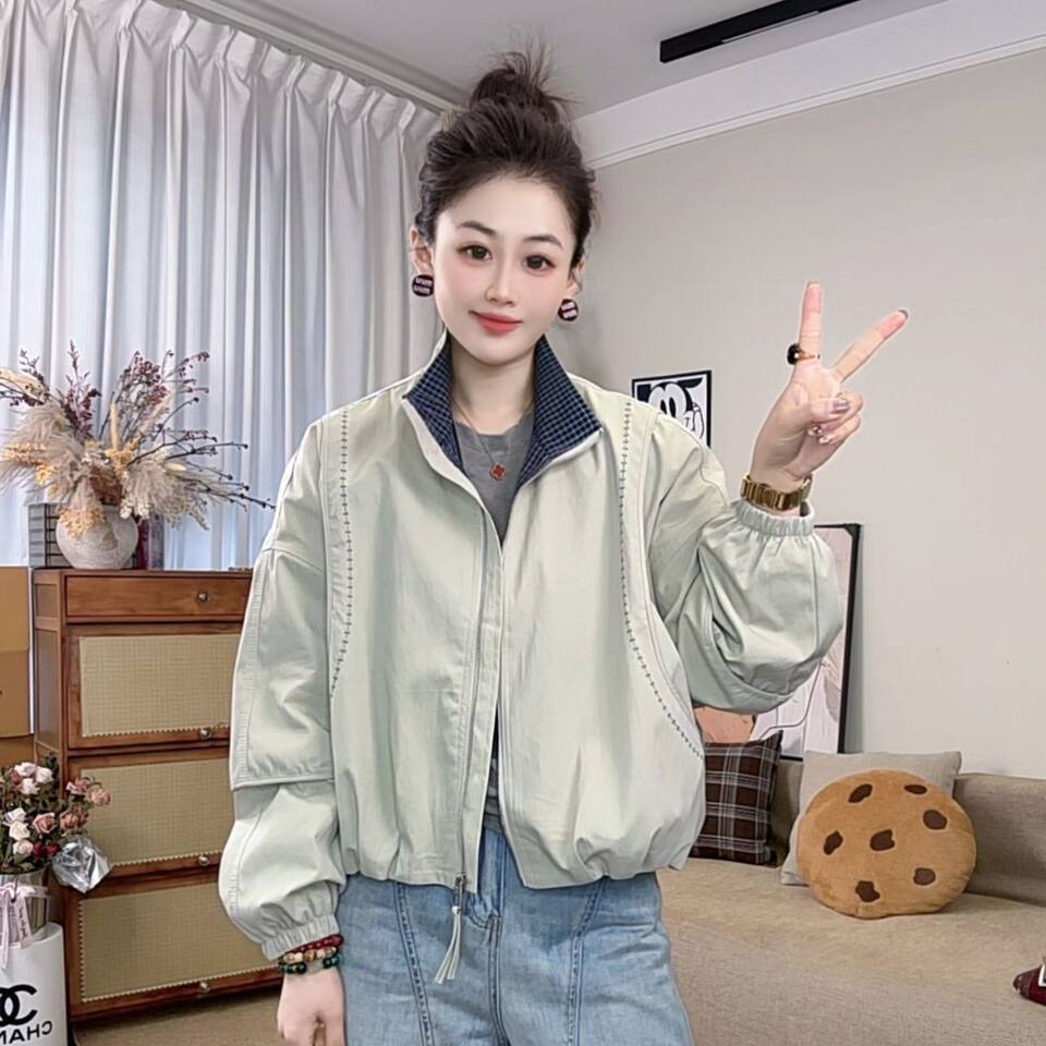 Áo khoác bóng chày nữ dáng ngắn rộng rãi phong cách casual, dài tay cổ bẻ khóa kéo — Màu xám đậm, Xanh kaki, Xanh khói, màu đen chi tiết 2