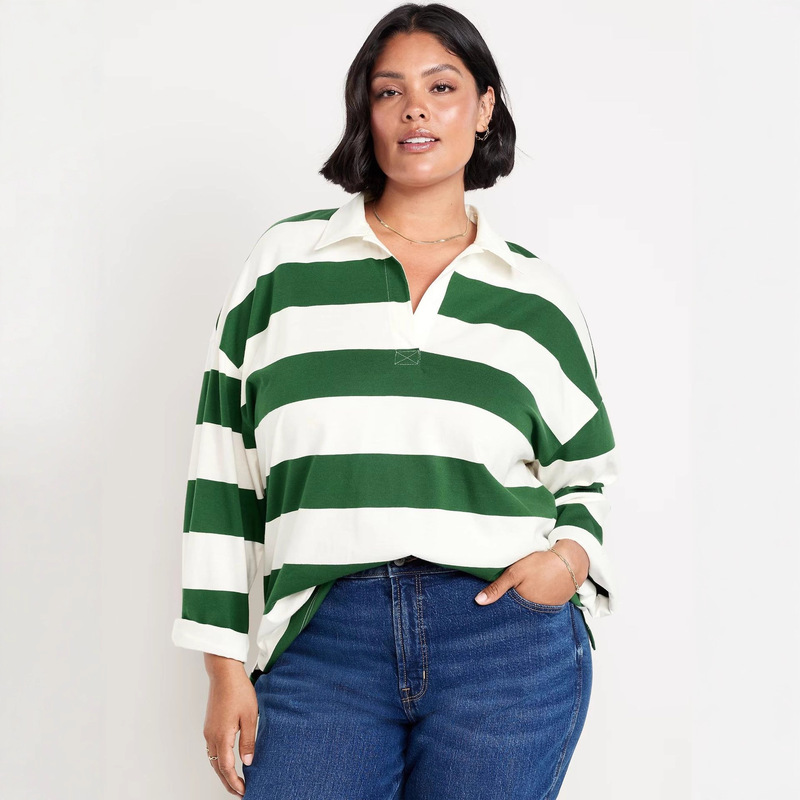 2025 New American Retro Ins Style Polo Collar Loose Stripesd Long-Sleeved Cotton T-Shirt Women's Trendy Spring & Fall Fashion and Leisure 2025 New American Retro Ins Style Polo Collar Loose Stripesd Long-Sleeved Cotton T-Shirt Women's Trendy Spring & Fall Fashion and Leisure
