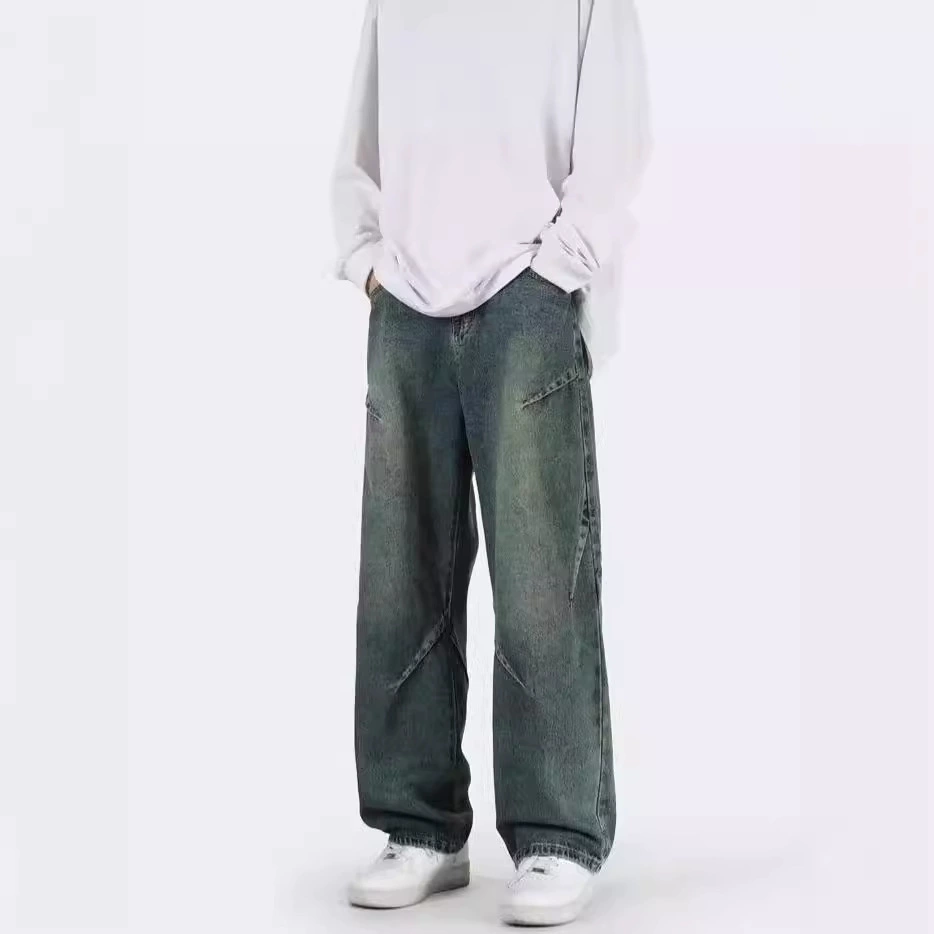 Джинсы мужские осенние и зимние модели гонконгский ветер и прилив стирают американские ретро-шитые свободные повседневные прямые длинные брюки