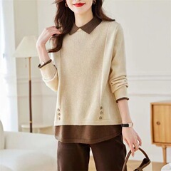 気質の高級感の偽の2つのPoloの襟のニットの女性の秋冬の新型の洋風の百合は重ねて怠惰な風のセーターを着ます。