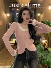 韩版温柔风软糯毛衣外套女秋设计感拼接毛领针织开衫修身短款上衣