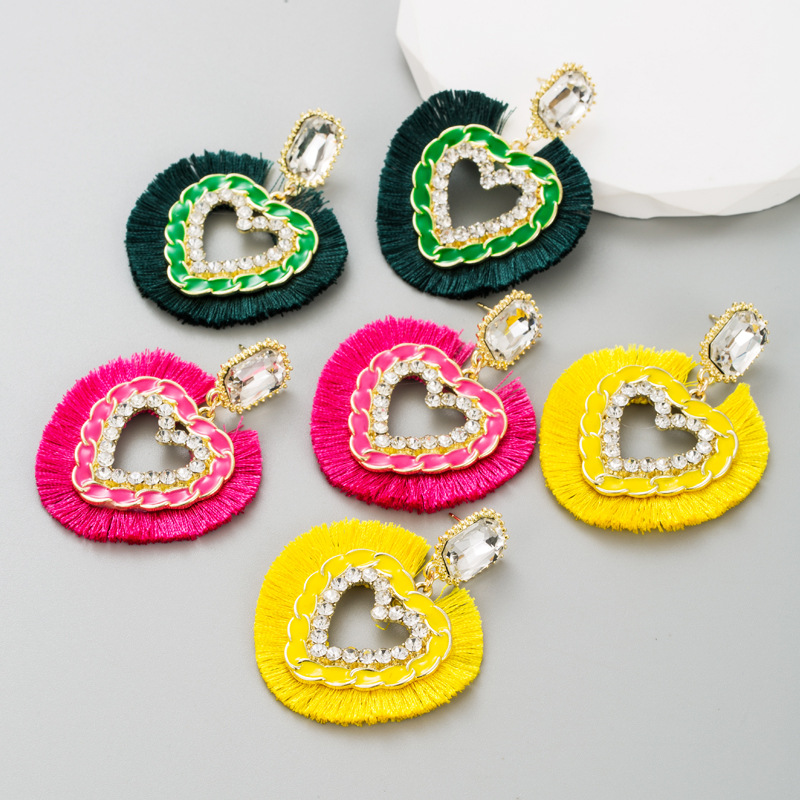 1 Pair Quantity Ethnic Style Tassel Heart Shape Alloy Rhinestone Women's Drop Earrings 1 Pair