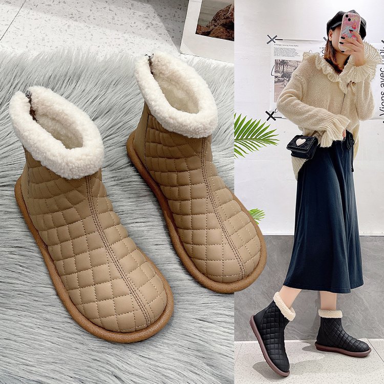 2023 inverno novos sapatos de algodão versáteis couro macio botas de neve de cano curto para mulheres_voghion.com