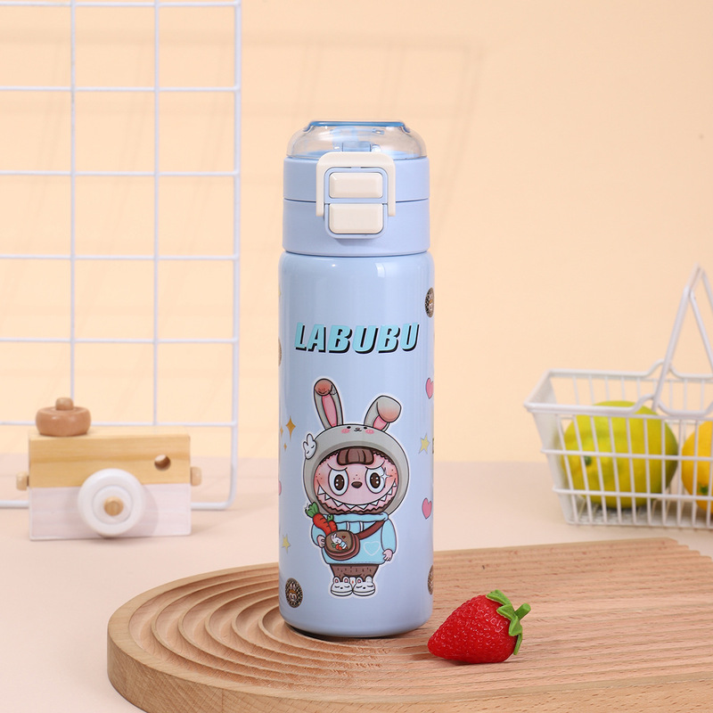 人気の漫画 Labubu ストローダブルドリンクカップバウンスポータブル子供用魔法瓶カップ屋外付属スポーツウォーターカップ|undefined