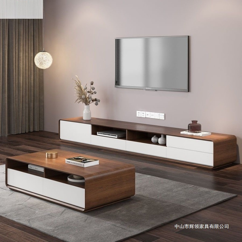 Double-Layer Light Luxury Tv Cabinet and Coffee Table Combination Modern Simple Walnut Color Living Room Floor-Standing Tv Cabinet and Coffee Table Combination