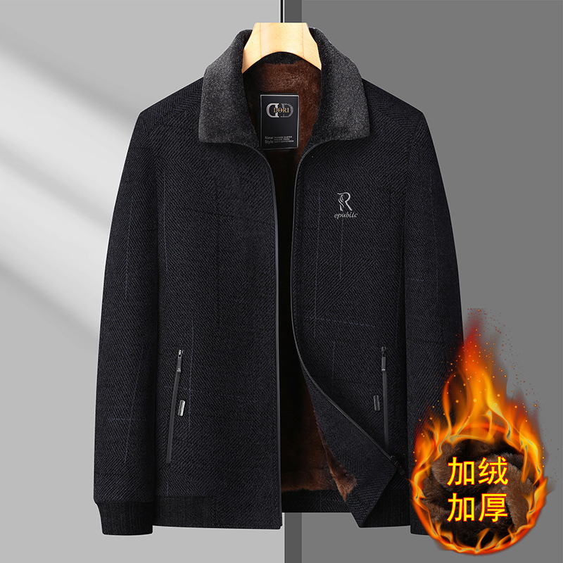 Winter Woolen Men's Coat with Lapel, Fleece-Lined and Thickened Jacket, Cotton-Padded Clothing for Middle-Aged and Elderly, Dad's High-End Cotton Jacket