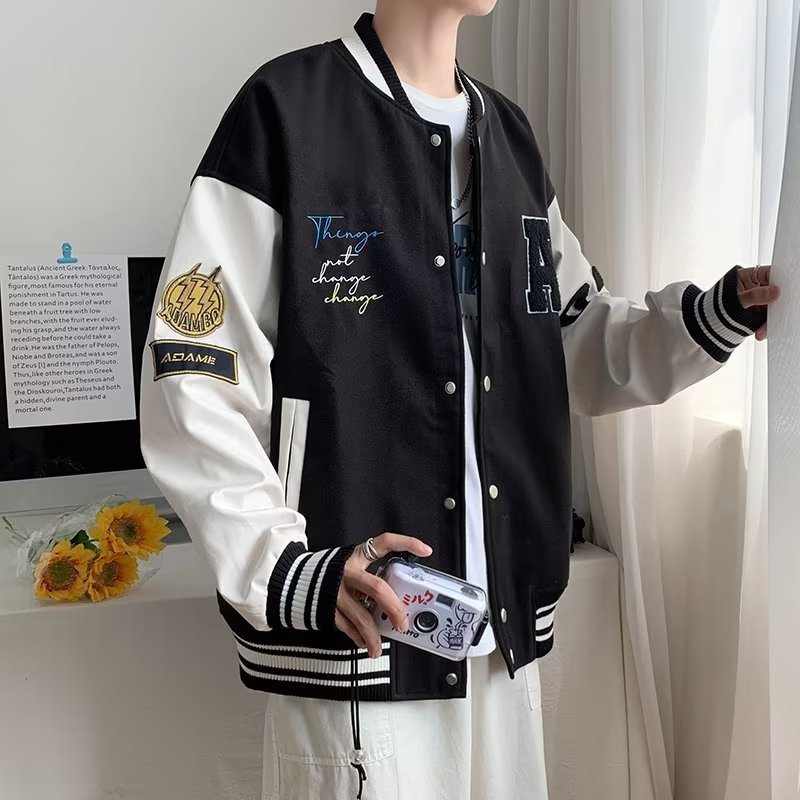 Men's Leather Sleeve Baseball Jacket Retro Casual Style_voghion.com
