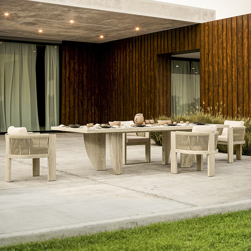 Mesa y silla al aire libre patio chalet tabla de madera larga impermeable alojamiento residencial terraza jardín al aire libre combinación de mesa de comedor de madera maciza casual