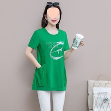 中年女夏装短袖中长款女上衣口袋2025新款宽松大码时尚遮肚妈妈装