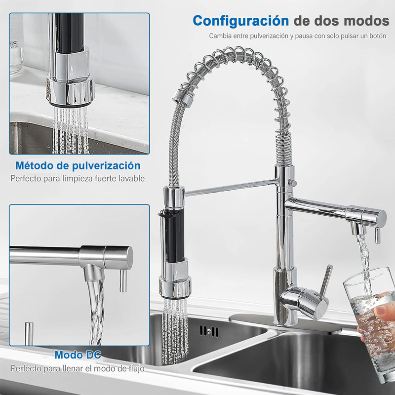 Grifo Extraíble de Cocina con Resorte de Acero Inoxidable, Agua Fría y Caliente, Giratorio