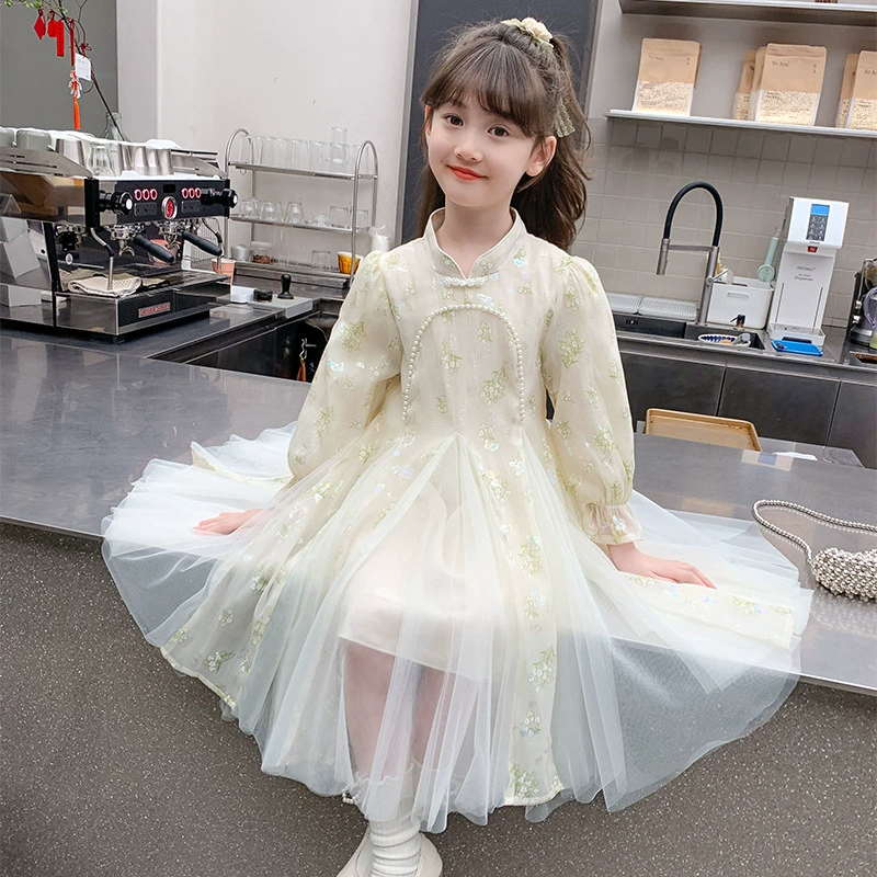 Детское весеннее платье 2025: новое, стильное и модное, для девочек постарше, в китайском стиле, с длинным рукавом, платье принцессы