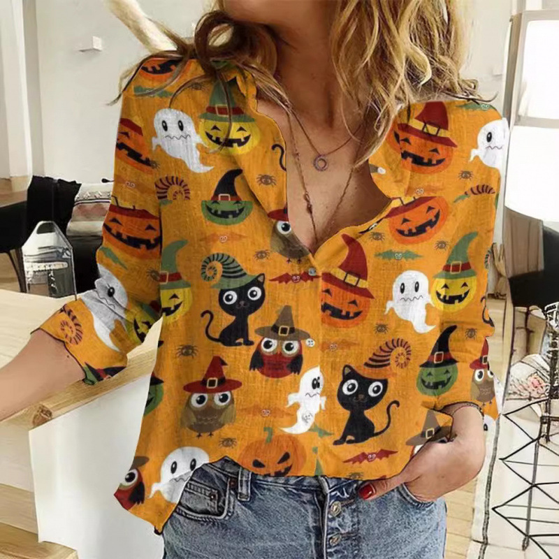 Summer Colorful Striped Patchwork Women's Long Sleeve Top Shirt Lapel Button Cardigan Halloween Print