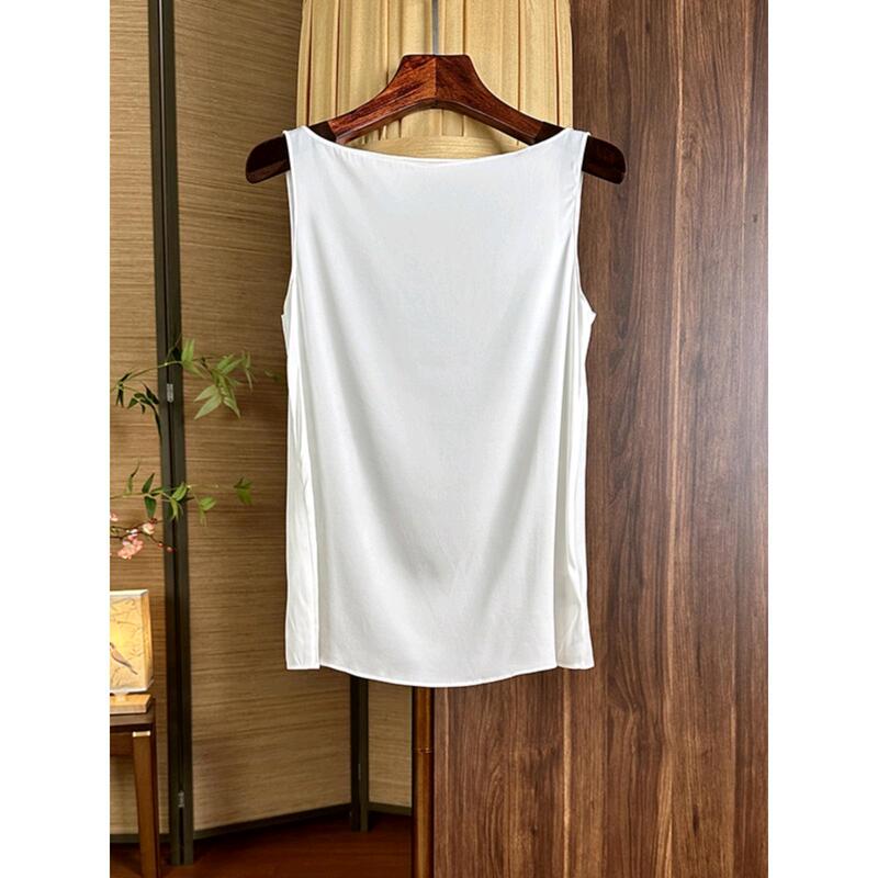 Women's Silk Twisted Sleeveless T-shirt Women's Loose Slim Vest Base Top Solid Color Top with Collar