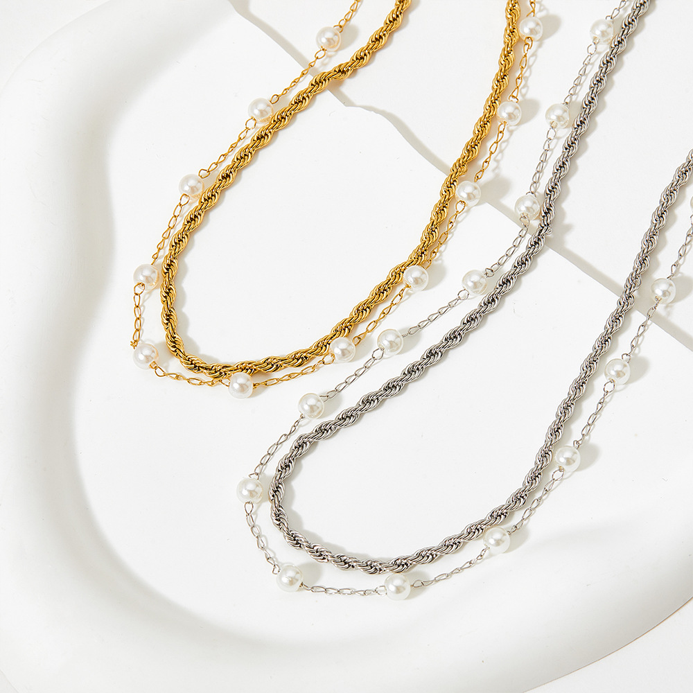 Elegant Twist Stainless Steel Inlay Artificial Pearls Necklace_colorza_1