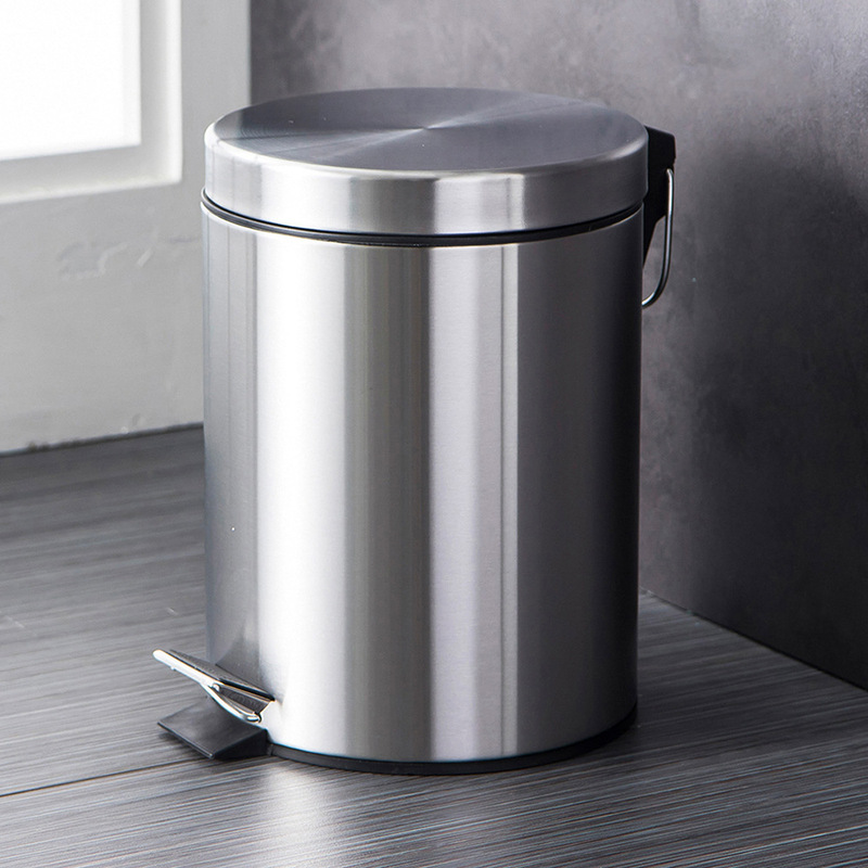 Cross-Border Stainless Steel Flip-Top Trash Can Wholesale Household Bathroom Kitchen Foot-Operated Round Slow-Down Silent Bucket
