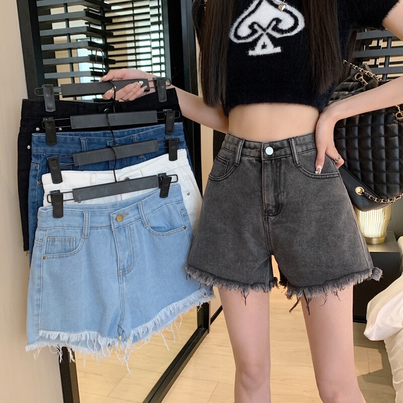 Summer New Style Denim Shorts for Women, Korean Style, High-Waisted, Loose Fit, Slimming, Frayed Edge, Straight Cut, Versatile Wide-Leg Hot Pants Wholesale Summer New Style Denim Shorts for Women, Korean Style, High-Waisted, Loose Fit, Slimming, Frayed Edge, Straight Cut, Versatile Wide-Leg Hot Pants Wholesale