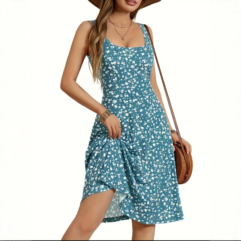 Cross-Border Amazon Women's Summer Round Neck Sleeveless Mid-Length Casual Flared Vest Floral Print Dress