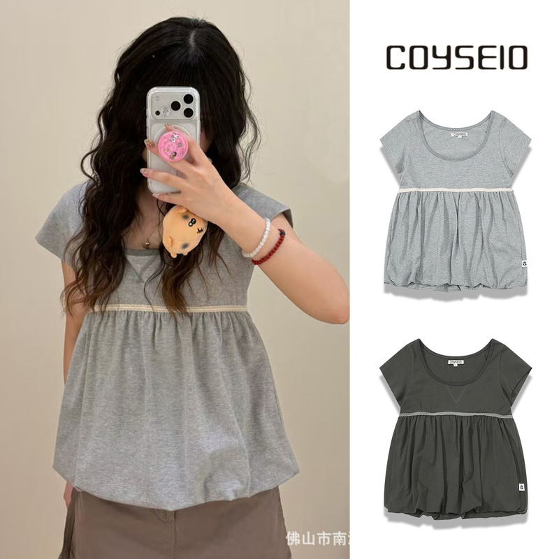 Coyseio Spring and Summer New Style Lace Splicing Design Niche Slimming Pleated Flower Bud Short-Sleeved T-Shirt Top for Women Coyseio Spring and Summer New Style Lace Splicing Design Niche Slimming Pleated Flower Bud Short-Sleeved T-Shirt Top for Women