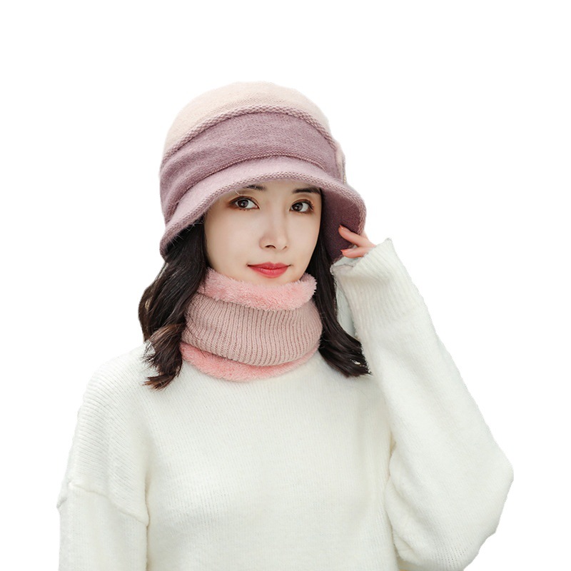 Winter mother knitted hat with wool thickened middle-aged rabbit hair hat women's warm hat scarf two-piece set_voghion.com