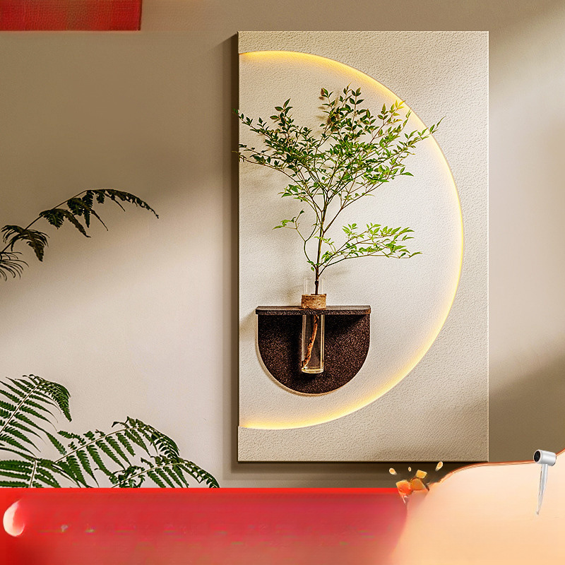 クリームスタイルの玄関装飾画、水耕栽培の緑の植物、壁照明、ライト絵画、リビングルームの吊り下げ絵画、玄関ドア壁画|undefined