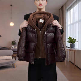 2025冬季新款加绒假两件儿童棉服外套耐磨防水中大童棉衣皮面免洗