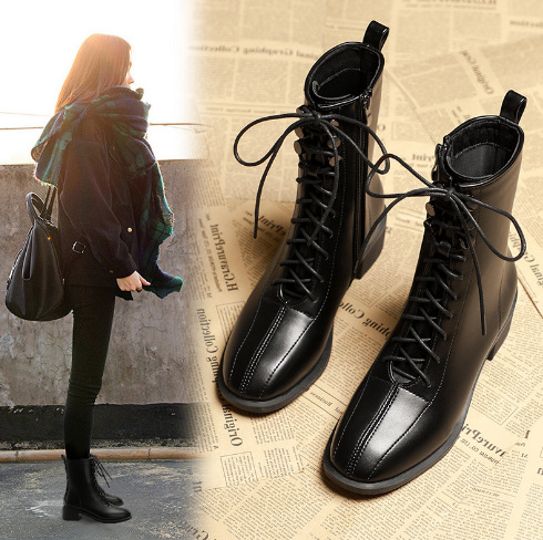 Women's Shoes new slim leg women's short boots mid tube boots lace up Martin boots versatile British style slim boots thick heels_voghion.com