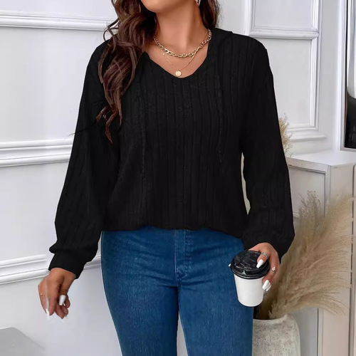 2024 Amazon Autumn/Winter New Solid Color Plus Size Women's Top V-Neck Hooded Long Sleeve Ribbed Fleece T-Shirt Loose Fit