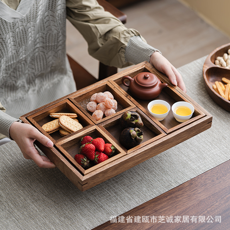 胡桃木実木分格乾果箱木造糖果箱客間家庭用小食盤年越しナッツ箱果箱|undefined