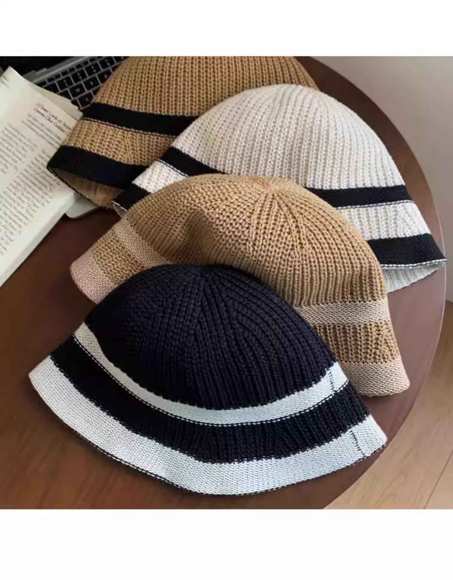 Knit Material Stripe, Solid Color Pattern Spring&Summer Season Women's Vacation Pastoral Stripe Solid Color Curved Eaves Bucket Hat