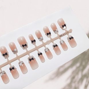 30 Pieces of T028 Black Dot Small Flower Short Ladder-Shaped Glitter Cute Girly Cat-Eye Pure Desire Style Daily Simple Student Nails