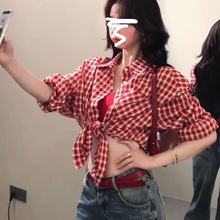 日系复古红色格子衬衫外套女夏季vintage松弛感休闲防晒衬衣外套