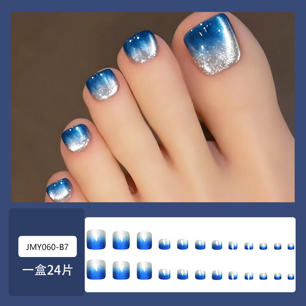 Gradiente azul de hielo claro ojo de gato uñas de pie de verano simple blanco 24 piezas de uñas falsas suministro directo transfronterizo