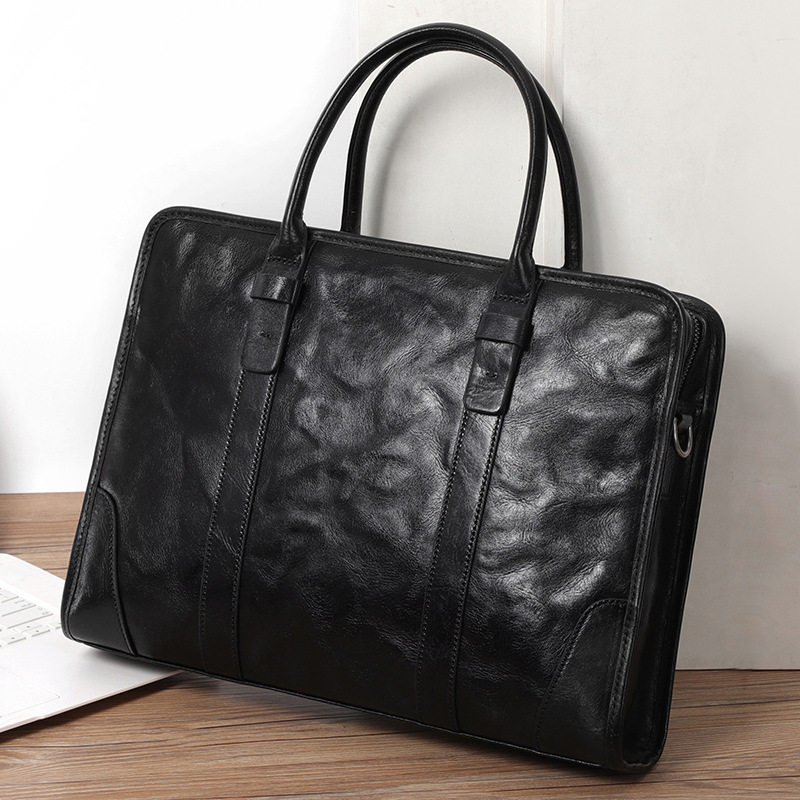 Túi xách tay nam da bò lớp đầu 38×8×28 cm, túi công sở đựng laptop 14 inch, đeo chéo tiện lợi — Màu Đen thuộc da bình thường bên trong màu đen, Màu đen cây cao, Lớp lót nỉ flannel cao cấp cầm tay màu đen chi tiết 3