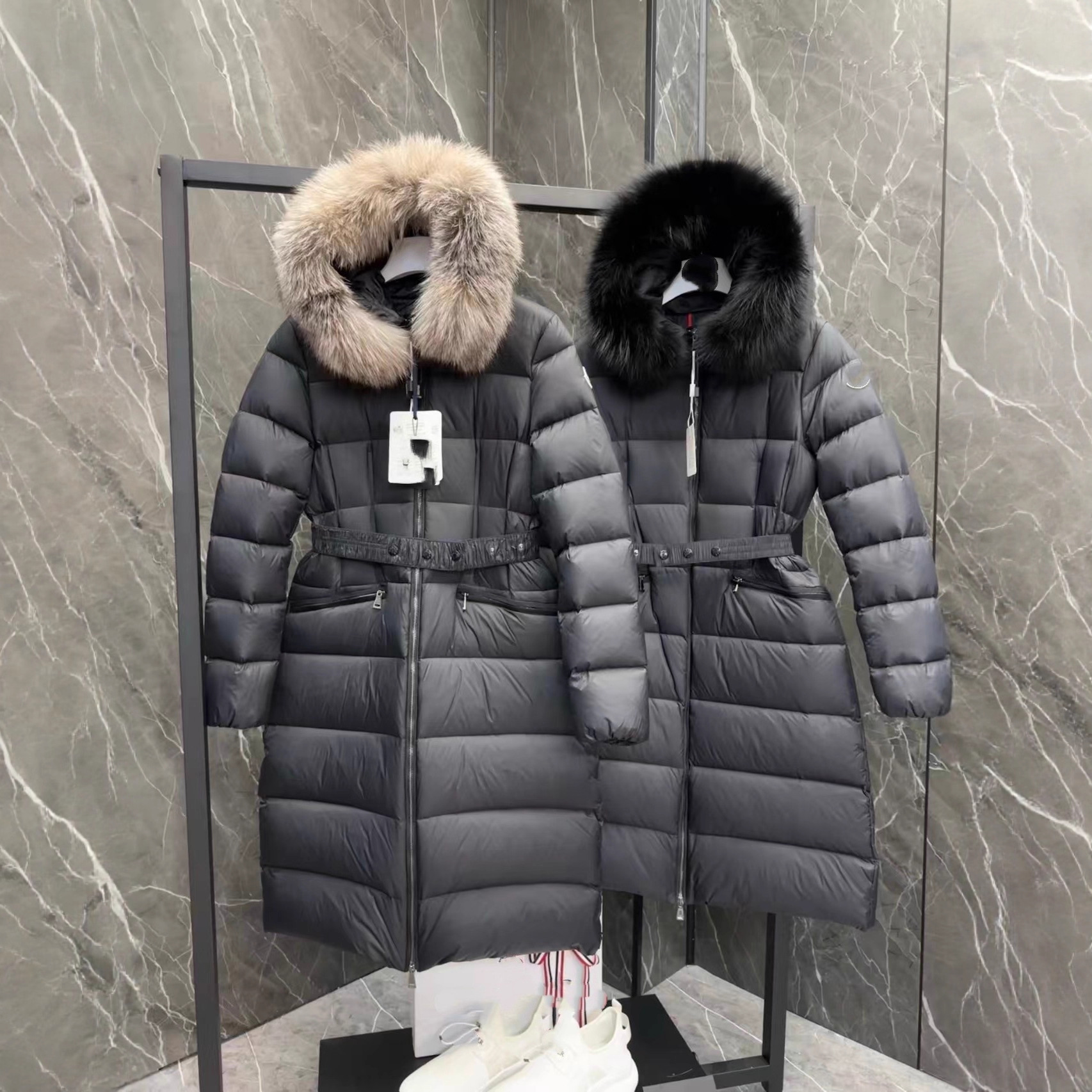 European Mo Brand Winter down Jacket for Women, Mid-Length, Slim-Fit, Waist-Cinching, Goose Down, Fox Fur Collar, Thickened, Warm Coat