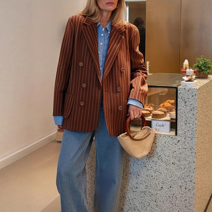 Cross-Border Women's Clothing 2025 Spring and Autum New European and American Style Fashionable Loose Stripesd Retro Suit Jacket Tops