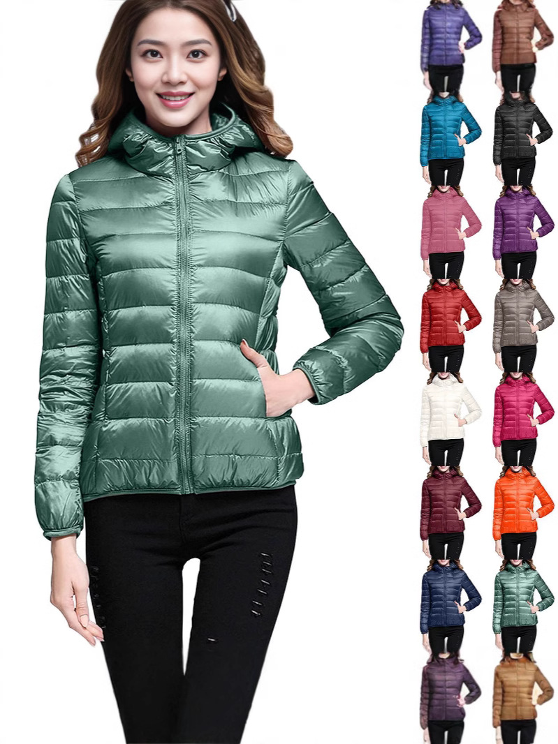 Cross-Border New Product Winter Women's Casual Solid Color Lightweight European and American down Jacket White Duck down Hooded down Jacket