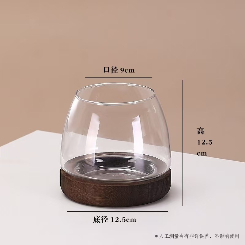 シンプルな日本式木托透明ガラス花瓶客間生け花置物水養植物緑羅水培生態水槽|undefined