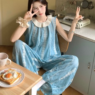 Pajamas Women's Summer Vest Sling Trousers Korean Style Sweet Lace Striped Home Clothes suit Outer Wear Thin