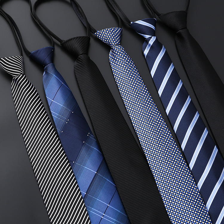 Men's Business Formal Zipper Tie, Groom's Wedding Blue Striped Korean Style Black Lazy Tie, One-Pull Tie