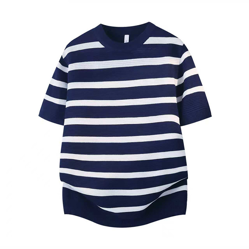 Camiseta de punto a rayas de cuello redondo de manga corta para hombres de color antiguo estilo de negocios de seda de hielo al por mayor fábrica transfronteriza