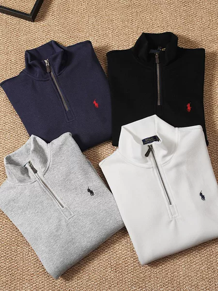 High Version Raff Polo Pony Logo Half-Zip Pullover High-Neck Long-Sleeved Knitted Sweatshirt Classic Casual Long-Sleeved