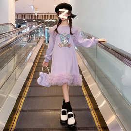 女童韩版网纱连衣裙2024春秋新款女孩长袖卡通T恤裙洋气甜美童裙